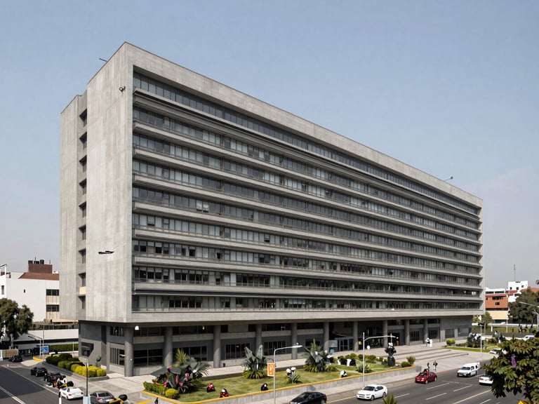 Wide panoramic architectural view of a modern government administrative building in Mexico City, clean daylight, desaturated corporate tones, sharp focus, high-end aesthetic.