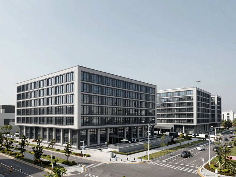Wide-angle architectural photography of a completed modern administrative complex under clean natural daylight, desaturated corporate tones, sharp focus, high-end industrial aesthetic.