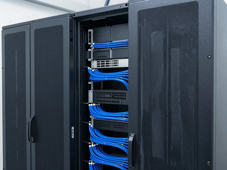Clean architectural photography of a server rack with blue cable runs, bright natural daylight, crisp high-contrast cool tones, sharp 35mm lens, modern European aesthetic