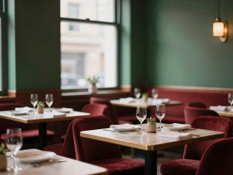 Cozy Scandinavian-style restaurant interior, warm window light, empty tables set for dinner, rich crimson and forest green tones.