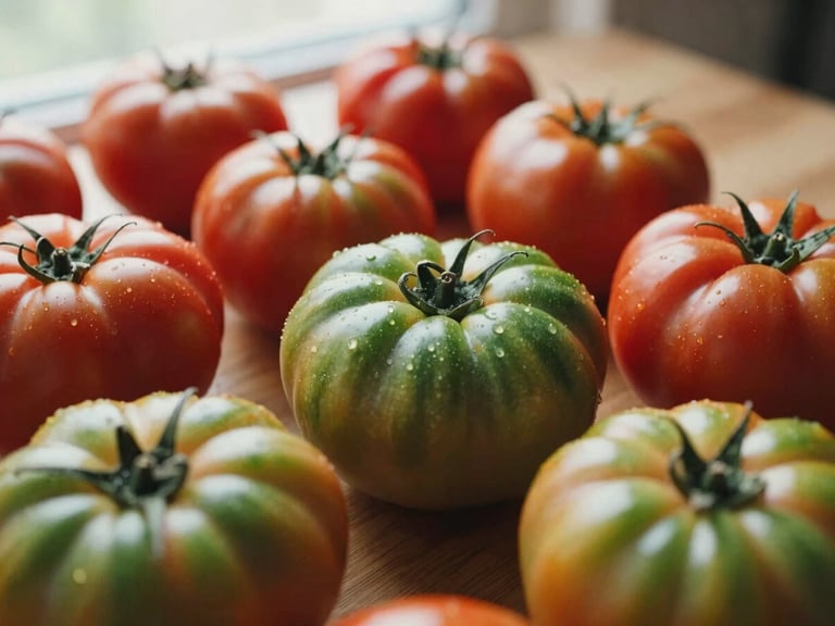Close-up of fresh farm produce, heirloom tomatoes on a wooden table, soft natural window light, rich crimson and forest green tones, shallow depth of field, 35mm