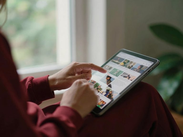 Hands editing social media content on a tablet, soft natural window light, rich crimson and forest green tones, shallow depth of field, 35mm