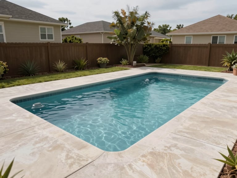 Wide environmental shot of a well-maintained residential pool and surrounding concrete deck in a suburban backyard, overcast mid-morning light, pool water clear and still, pool pump housing visible at the edge of the frame
