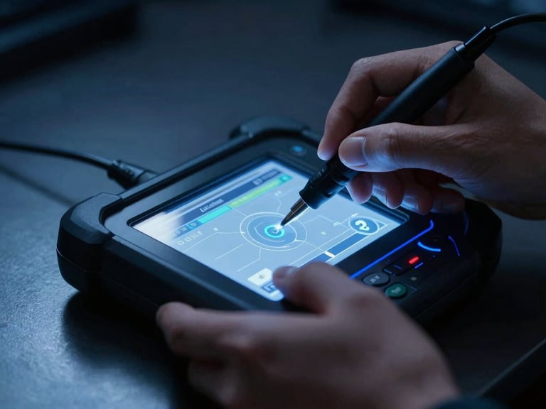 Macro shot of a technician's hands using a digital diagnostic tool on a metallic surface, cool blue lighting, deep blacks.