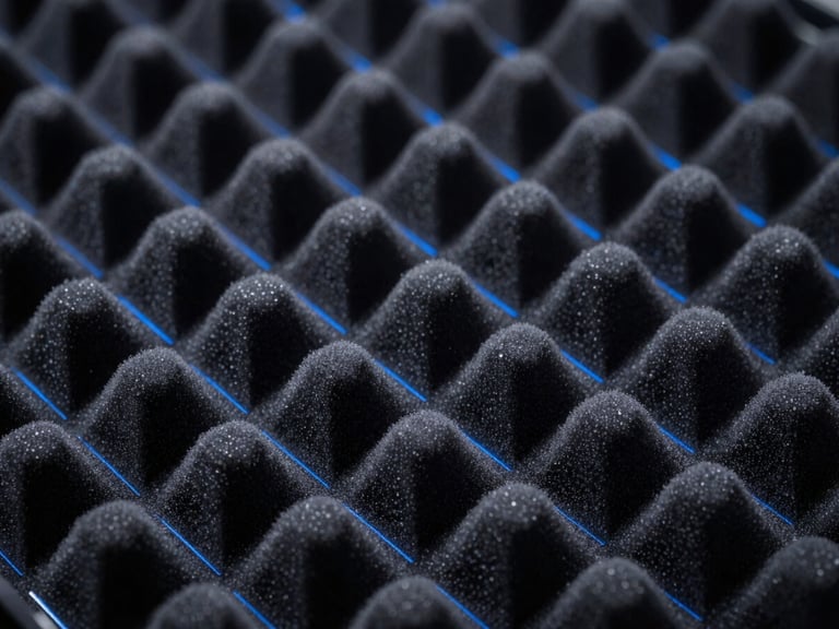 Macro photography of high-tech acoustic dampening foam and metallic panels, deep blacks, neon blue accent lighting.