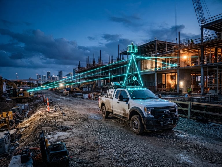 Wide shot of a specialized 3D laser scanning vehicle parked on a construction site at dusk, high-contrast industrial lighting, neon cyan accents from scanning beams, low horizon, Florida.