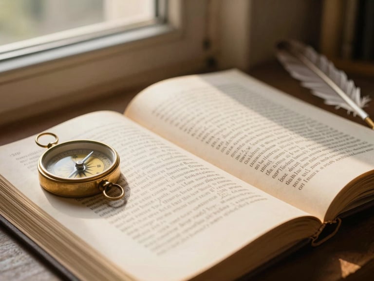 Open textbook on ancient history, a compass and quill nearby, warm light from a window, shallow depth of field, trustworthy and established feel