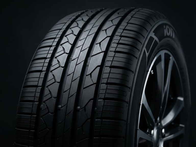 Macro shot of a pristine Hankook iON electric vehicle tire tread, clean metallic textures, high-contrast studio lighting, deep charcoal background, sharp focus, 85mm lens