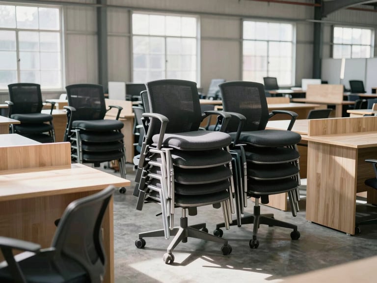 Organized stacks of corporate office chairs and disassembled wooden desks inside a spacious warehouse, bright natural daylight, desaturated cool tones