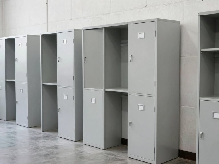Rows of empty grey metal filing cabinets and dismantled office partition panels lined up against a white concrete wall, clean composition, 35mm lens