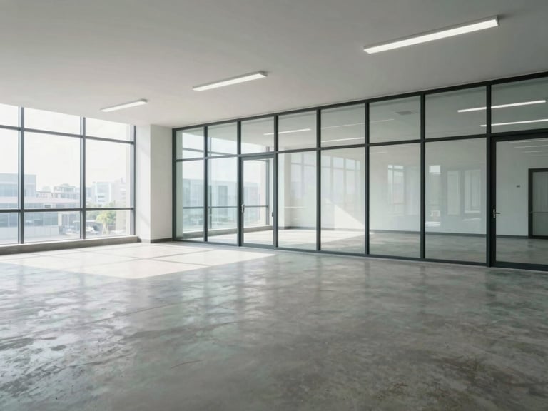 Wide shot of an empty commercial office floor with clean glass windows, natural daylight, reflecting a completely cleared space ready for handover