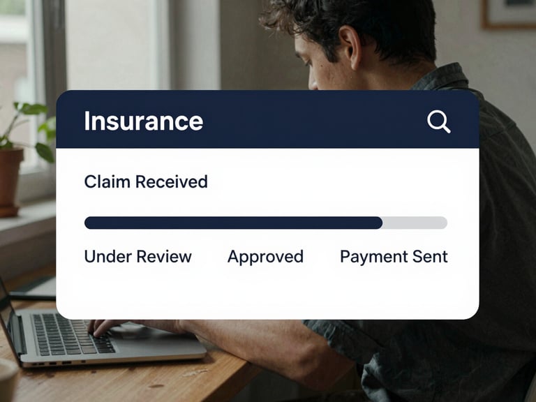 Clean UI screenshot of a mobile insurance dashboard showing a simple progress bar: Claim Received, Under Review, Approved, Payment Sent. High-contrast slate-navy layout.