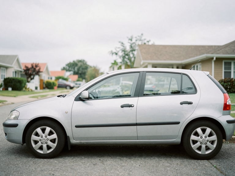 A car parked on a quiet residential street during overcast daylight, soft focus background, clean and realistic everyday scene, 35mm lens.