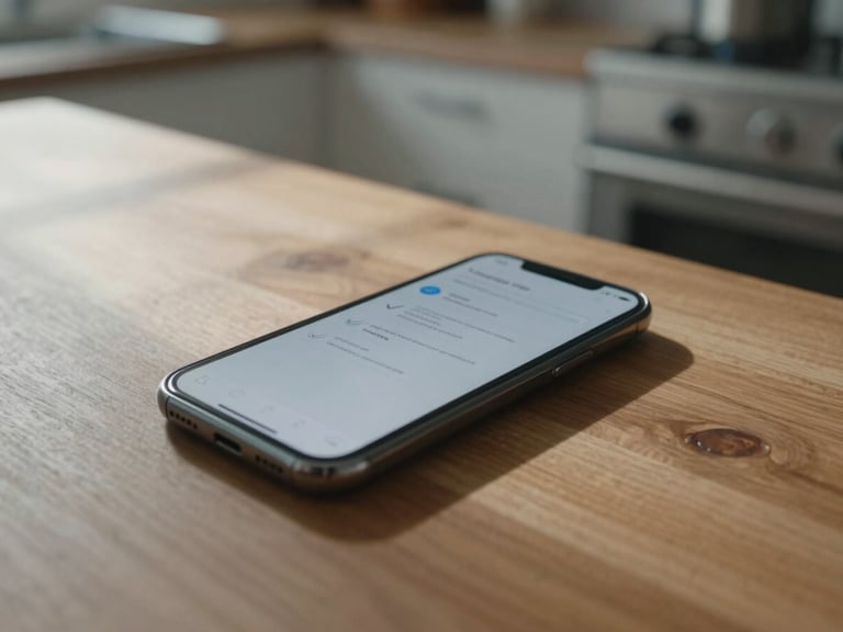 Documentary film photography, a clean modern smartphone resting on a wooden kitchen table, soft morning sun casting long shadows, sharp focus on the screen showing a simple claim-success checkmark UI.
