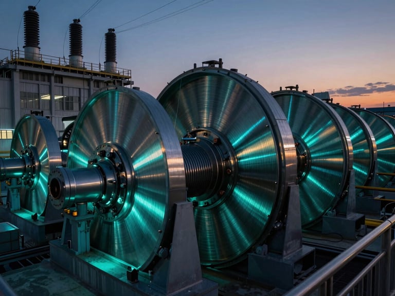 Twilight shot of a hydro-electric power station turbine hall, sharp technical detail of the rotating machinery, electric cyan light reflecting off polished metal surfaces.
