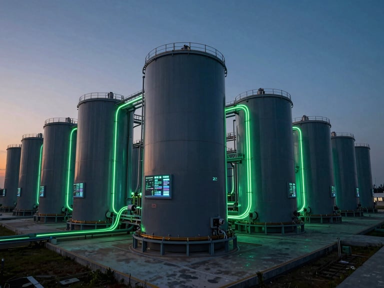 Wide-angle shot of a massive utility-scale battery energy storage system at dusk, neon green power flow lines visible on the digital interface panels, dramatic low-key lighting.