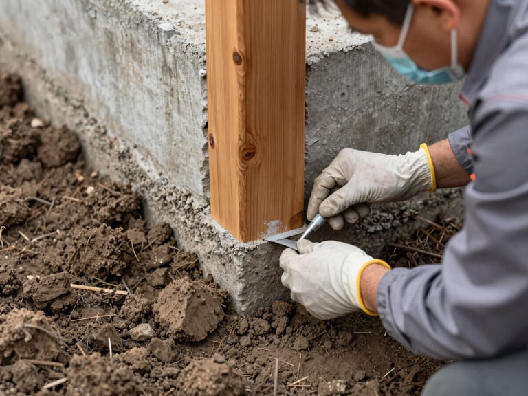 A technician in clean technical uniform applying a precise chemical barrier at the base of a concrete foundation, detailed soil and concrete textures.