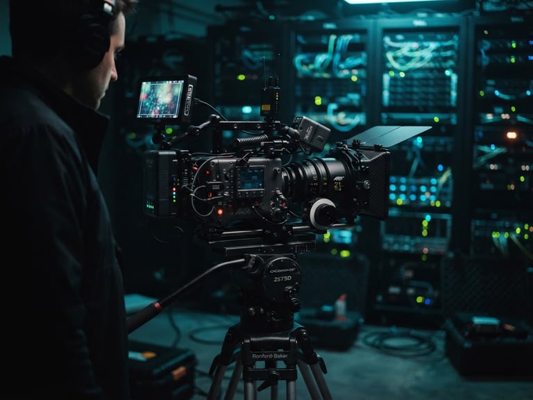 Wide shot of a high-end cinema camera rig on set, with a blurred background of glowing server racks, moody low-key lighting with electric cyan accents, shallow depth of field, 35mm cinematic tech photography.