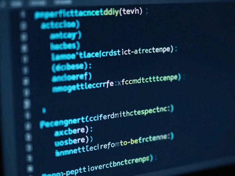 Macro shot of clean, well-structured code on a dark monitor, glowing with electric cyan syntax highlighting, low-key lighting, shallow depth of field