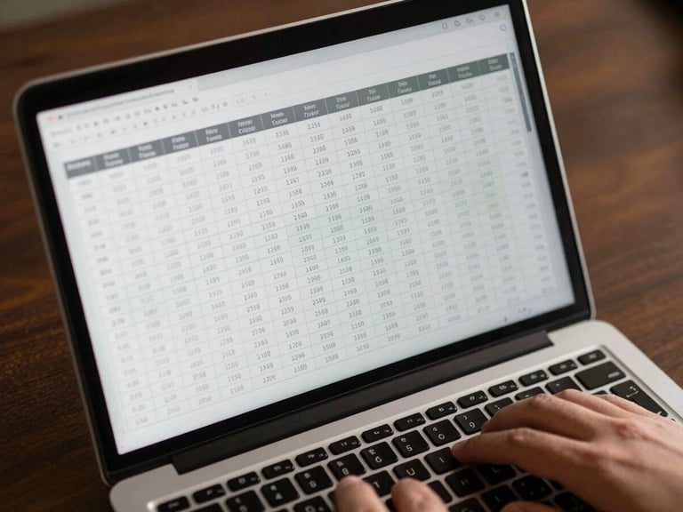 Close overhead view of a structured financial model on a laptop screen, columns of figures clearly organized, a hand resting on a keyboard at the lower right, warm tungsten office light reflecting off the screen surface, dark desk background