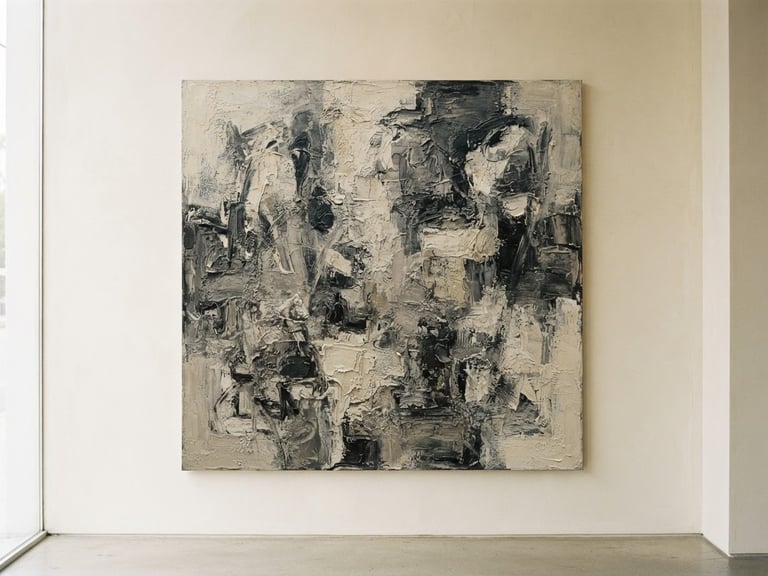 Elegant gallery photography, soft natural window light, an abstract oil painting with heavy texture hanging on a warm cream wall, architectural framing, 35mm lens.