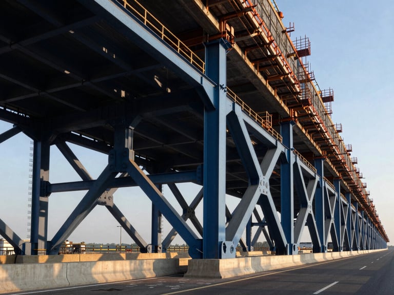 Wide shot of a modern highway bridge under construction, dramatic late-afternoon sun highlighting structural textures, deep blue and industrial orange tones.