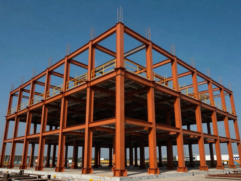 Wide shot of a modern factory under construction, steel beams rising, dramatic lighting, industrial orange tones, sharp daylight.
