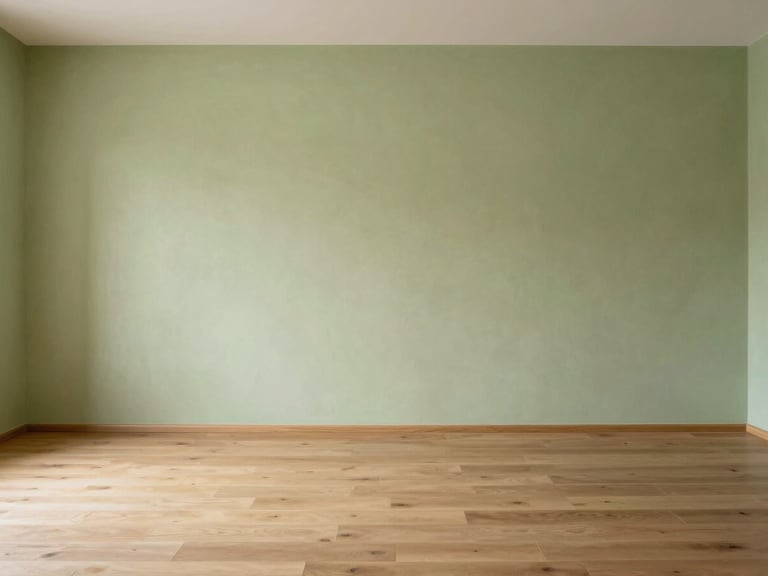 Strict straight-on architectural elevation of a minimalist Swiss living room, seamless transition between light oak flooring and textured lime plaster walls, bathed in soft diffused daylight.