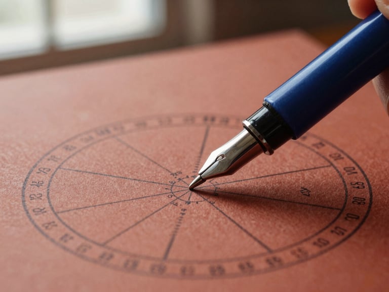 Close-up of an ink pen on textured paper, writing precise astrological calculations, warm library light, deep terracotta and ink-blue tones, macro shot, scholarly tools.