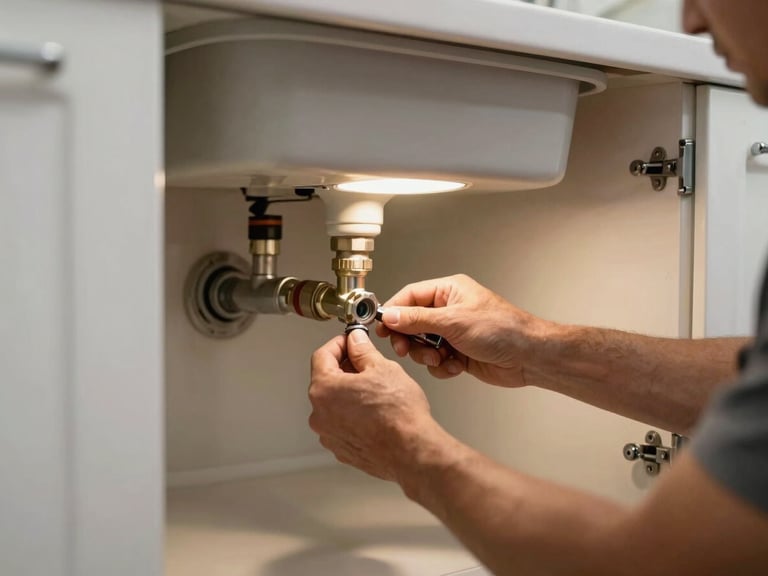 Wide shot of a plumber's hands tightening a pipe fitting under a kitchen sink, tungsten work light illuminating the cabinet interior, real domestic kitchen visible in the background through the open cabinet door