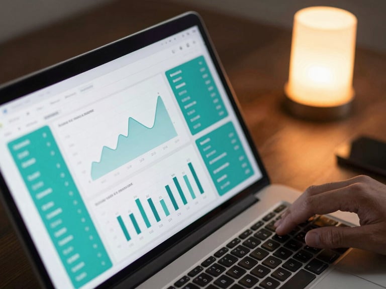 Overhead close-up of a laptop screen showing a clean analytics dashboard with member activity graphs and teal-colored data cards, a hand resting near the trackpad, warm desk lamp light from the right, dark desk surface, shallow focus on the screen interface
