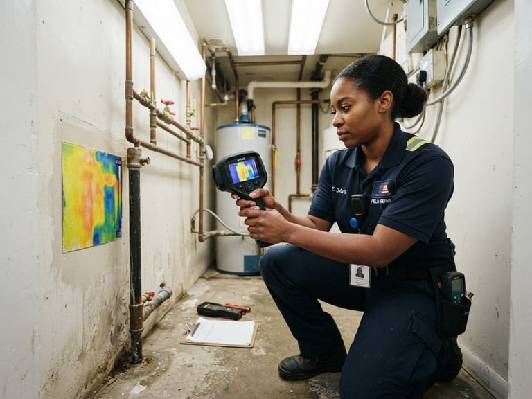 Sharp documentary photography of a technician in a navy uniform holding a thermal moisture mapping camera inside a Bronx property, bright clean utility lighting, wide-angle lens
