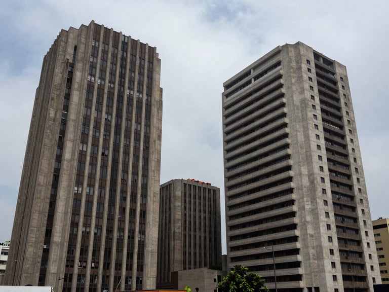 Extreme wide architectural shot of brutalist corporate buildings in San Isidro, Lima, under overcast coastal daylight. High-contrast shadows, sharp lines, generous negative space.