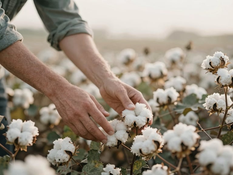 Hands of a farmer gently touching organic cotton plants in a field, soft morning light, focus on natural growth.