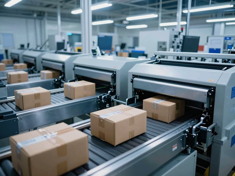 Modern automated sorting facility with packages moving on conveyor belts under bright industrial illumination, high-contrast.