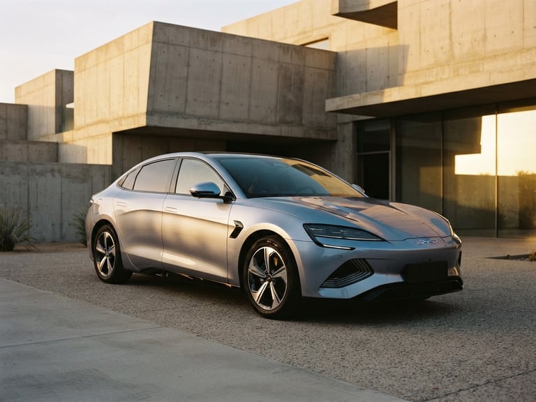 Sleek modern electric BYD sedan parked in front of minimalist concrete architecture, dramatic side lighting, metallic silver reflections, 35mm photography