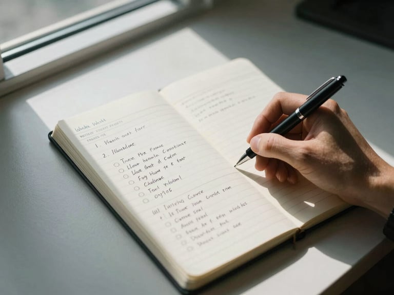 Overhead close-up of a coaching planning surface — open notebook with handwritten weekly action framework, a pen resting mid-note, minimal desk under cool natural window light, no people in frame, sharp geometric shadow from the window frame cutting across the paper