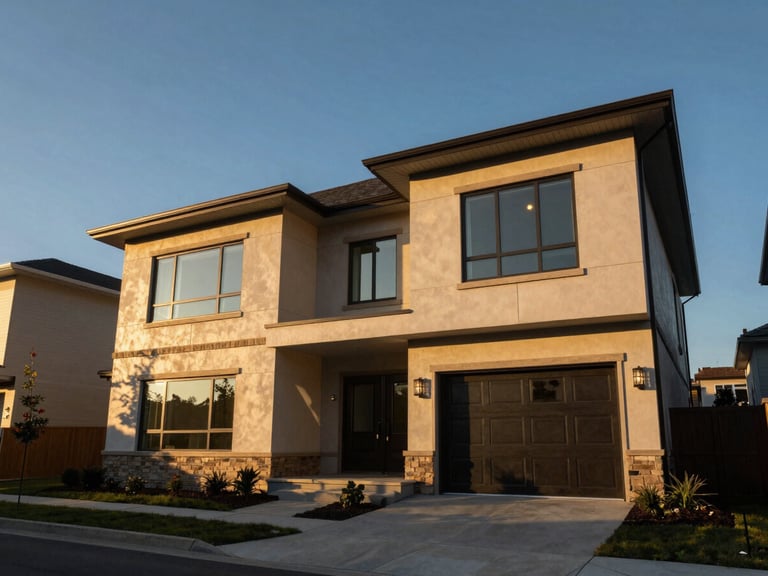 Wide-angle exterior architectural shot of a modern luxury residential home in Buffalo, dramatic golden hour light casting deep shadows with warm gold undertones, 24mm lens