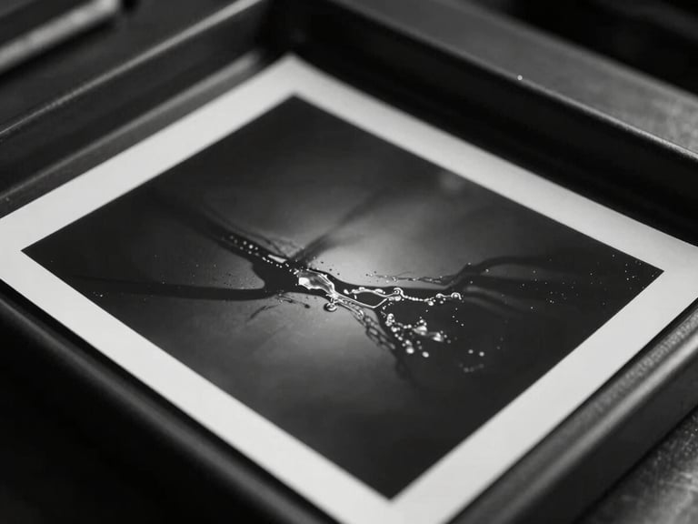 Close-up of a darkroom tray, silver halide print emerging in developer fluid, dramatic shadows, rich charcoal tones.