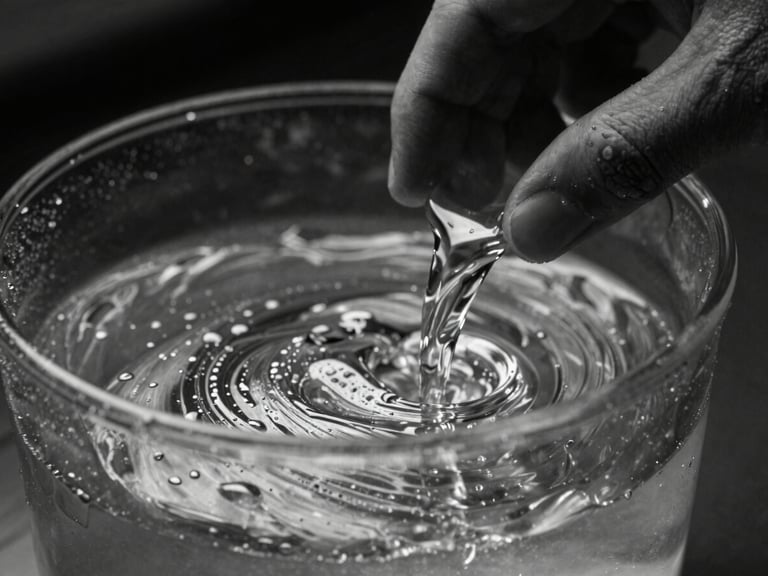 Extreme macro shot of wet-plate glass edges, hands pouring developer solution, silver tones, high contrast.