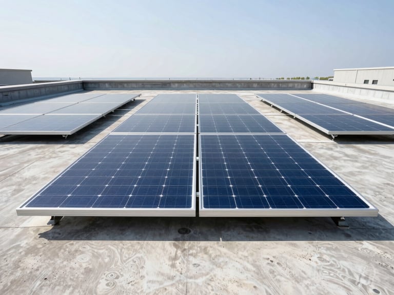 Straight-on architectural shot of premium solar panels mounted on a clean concrete rooftop, bright high-contrast sunlight reflecting off clean glass.