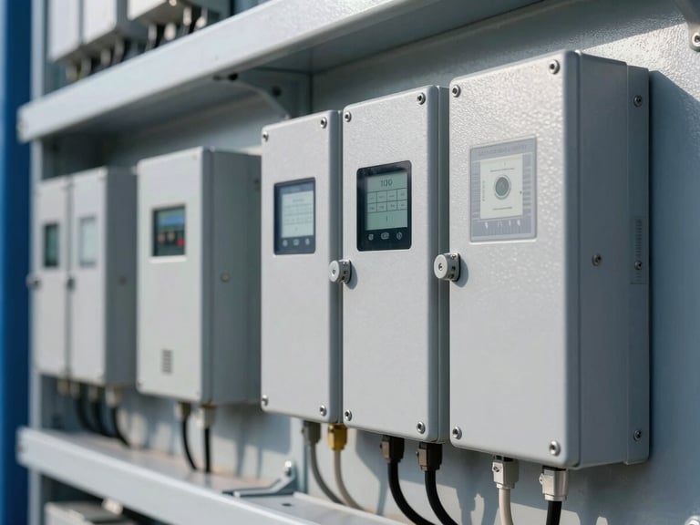 Close-up of a clean industrial inverter setup mounted on a wall with neat wiring layouts and technical precision, metallic silver tones.