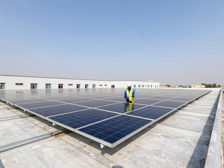A professional engineer in a high-visibility vest inspecting a complex solar panel array on a commercial rooftop in Pakistan, wide-angle, bright sunlight, architectural framing.