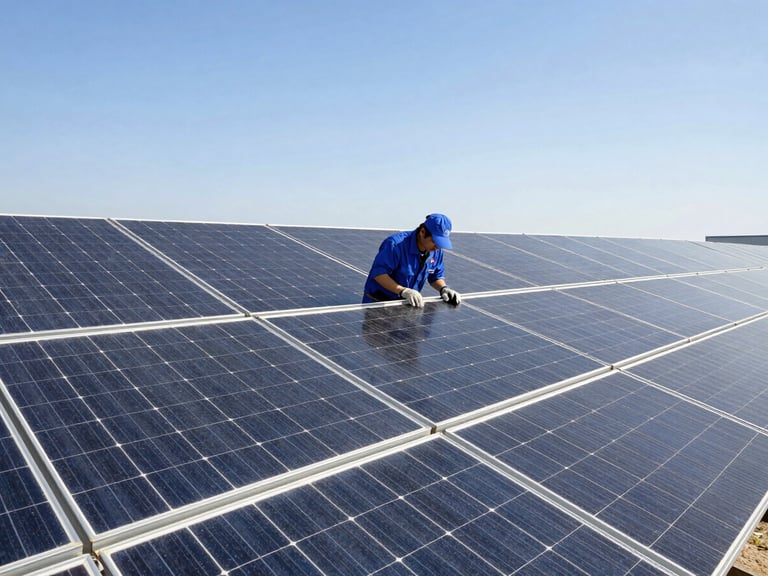 A technician performing routine maintenance on a solar panel array, ensuring optimal performance, bright sunlight, clean installation.