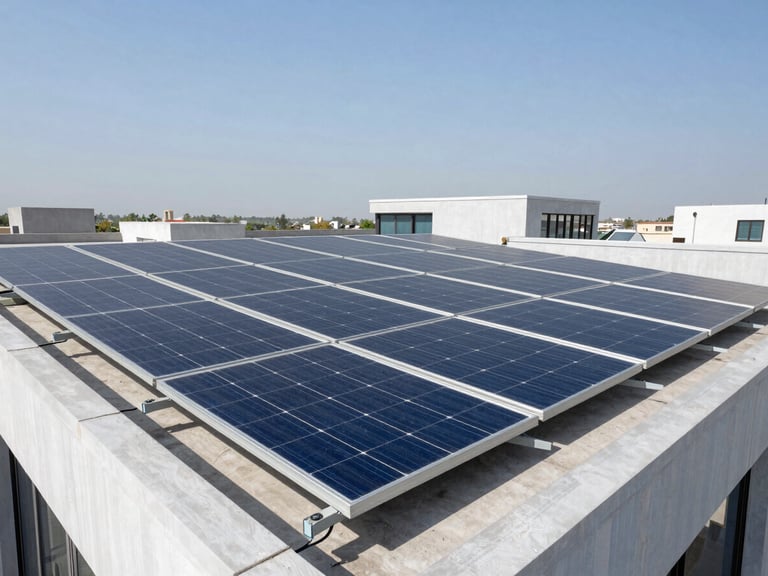 Crisp architectural photography of a modern Lahore residence rooftop with neatly aligned solar panels under bright direct sunlight, metallic frames, clean wiring.