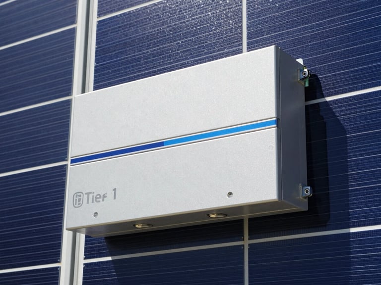 Close-up of a neatly installed tier-1 solar inverter with clear branding on a wall, high-contrast, clean industrial aesthetic.