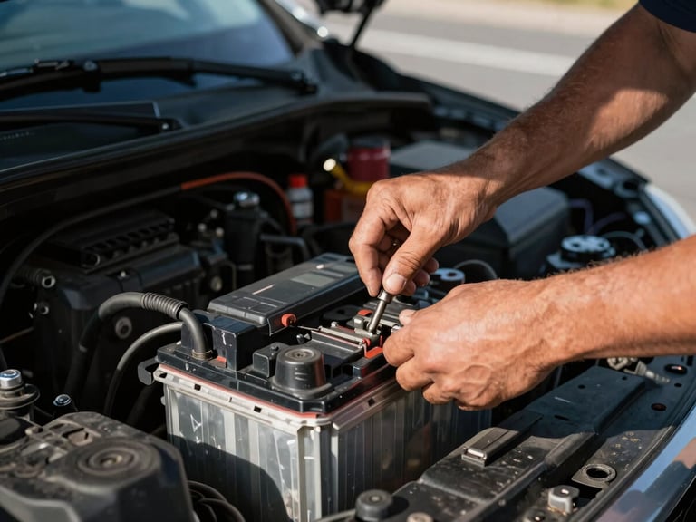 Close-up of a roadside technician's hands installing a new car battery terminal, under a car hood, high-contrast outdoor daylight, sharp focus, 35mm