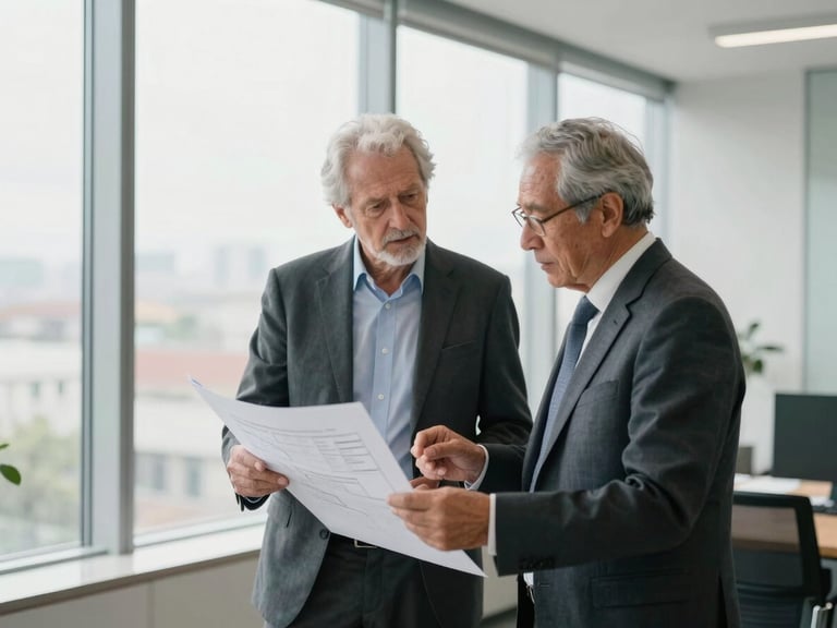 A dignified medium shot of two senior directors discussing a project blueprint in a bright, modern office with large windows, natural daylight, professional context, 35mm lens, editorial documentary style