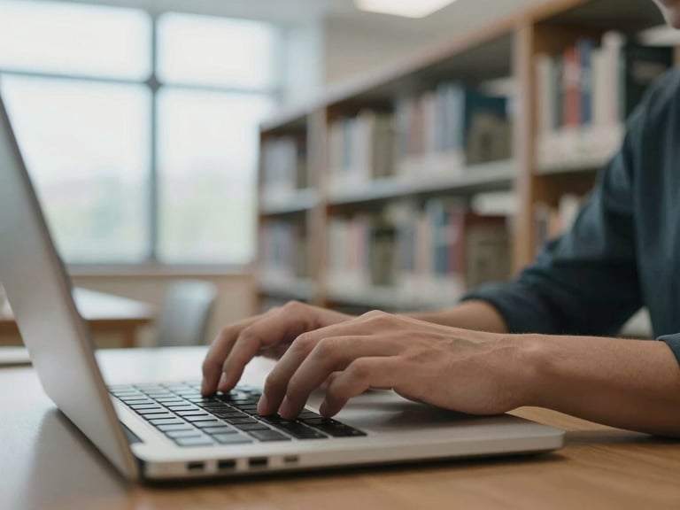 Close-up of hands typing on a laptop keyboard in a quiet study environment, architectural details of a modern university library in the background, soft window light.