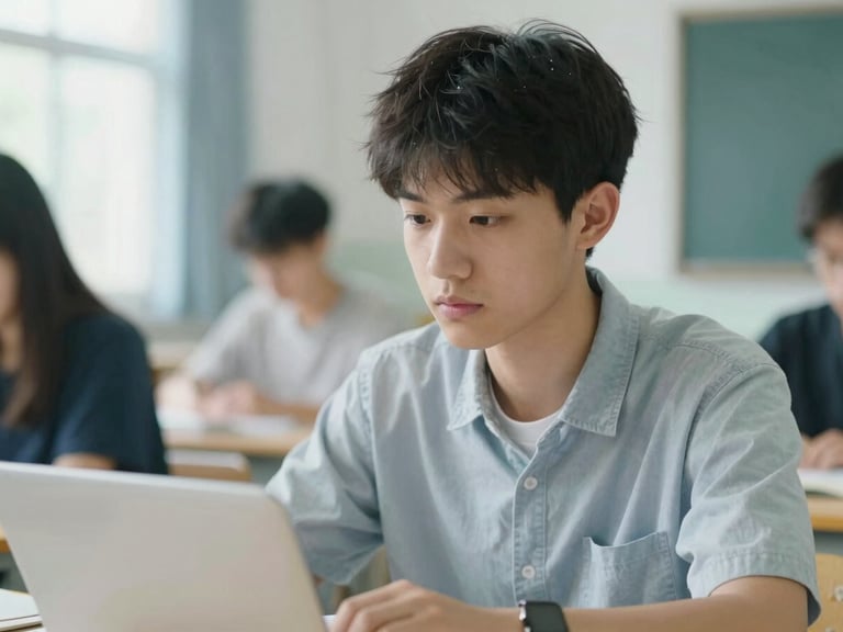 Medium close-up of a focused student in a quiet study environment, cool-toned daylight, 35mm editorial photography.